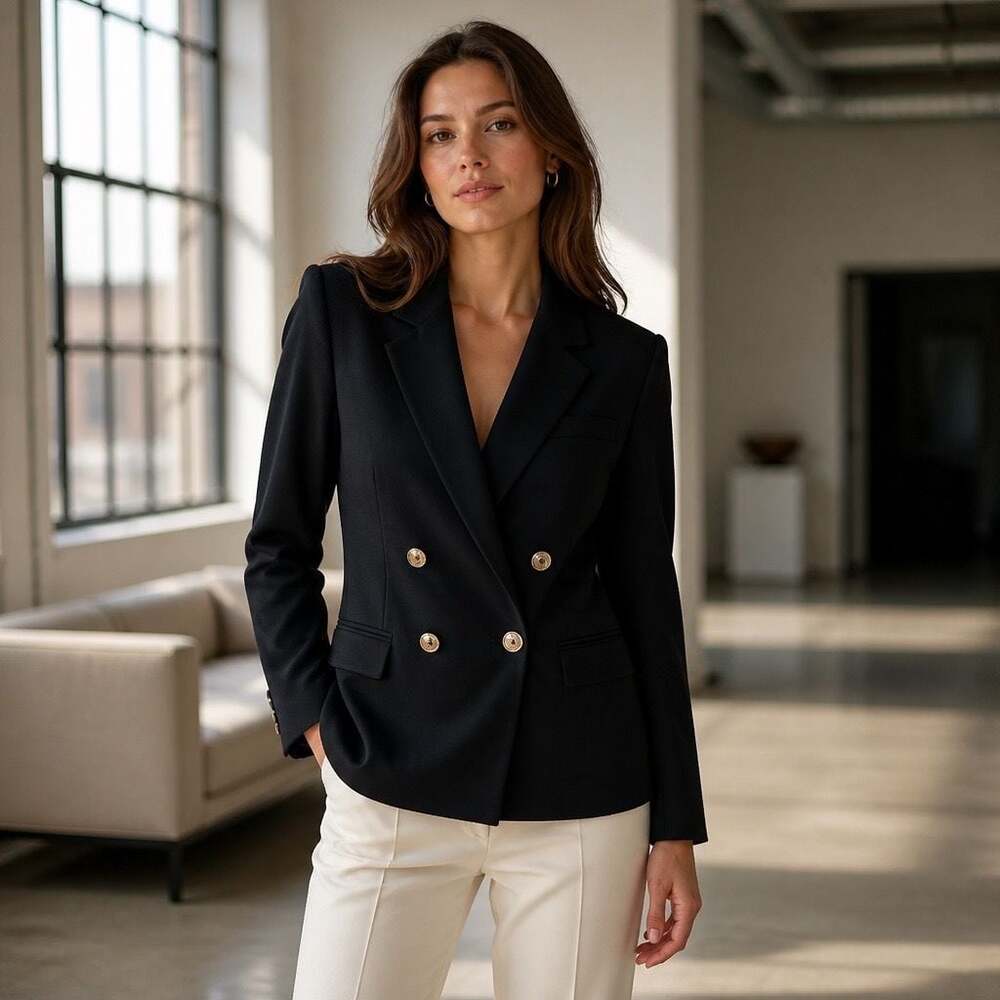 Stephanie Andrews Vintage Black 100% Pure New Wool Double Breasted Blazer